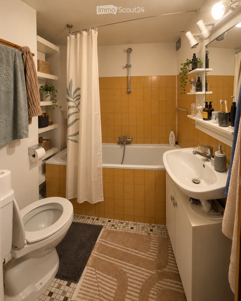 Modern bathroom with a bathtub, toilet, sink, and shower area. Features include a white shower curtain, tiled walls, shelves with towels and toiletries, and a small plant on the shelf.