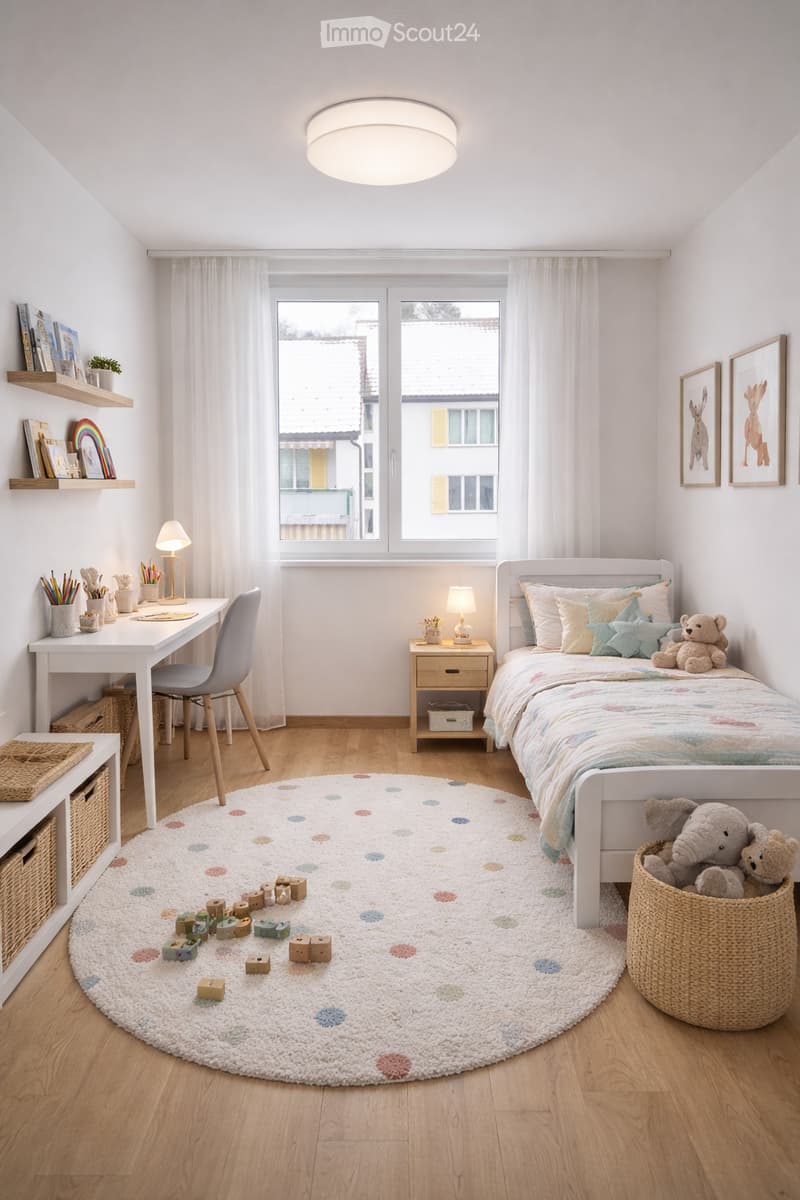 child's room with bed, desk, chair, shelves, basket, rug, toys, books, lamp, window, curtains