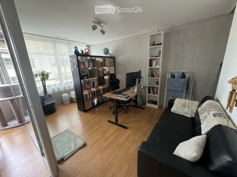 Modern living room with a black leather sofa, a wooden desk with a laptop and keyboard, a bookshelf filled with books, a cat tree, and a small plant near the window.