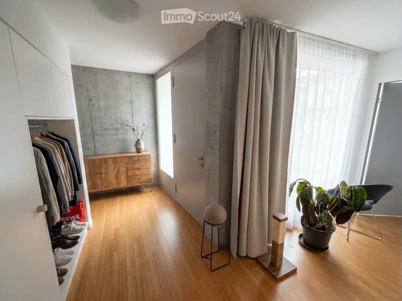 Modern hallway with wooden flooring, white wardrobe, wooden cabinet, small stool, chair, potted plant, and cat tree.