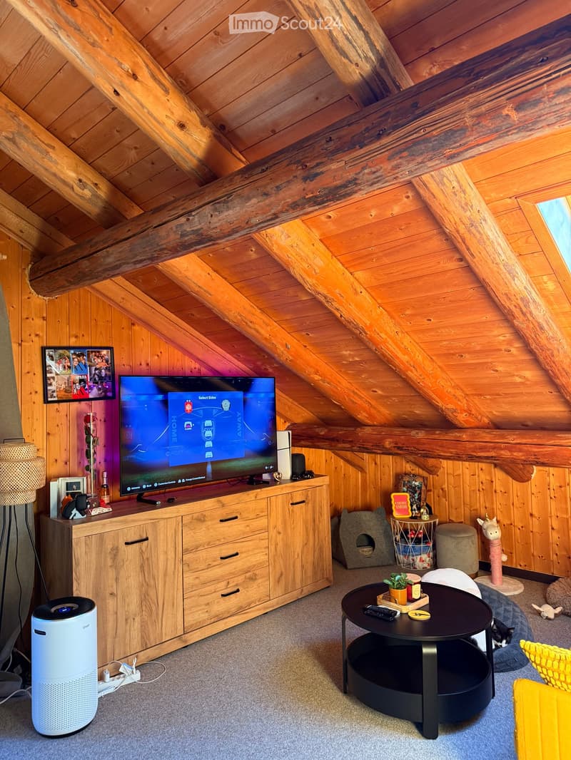 A cozy attic living room with wooden beams and exposed ceiling, featuring a television on a wooden cabinet, a round coffee table, a cat bed, and a small plant on the table.
