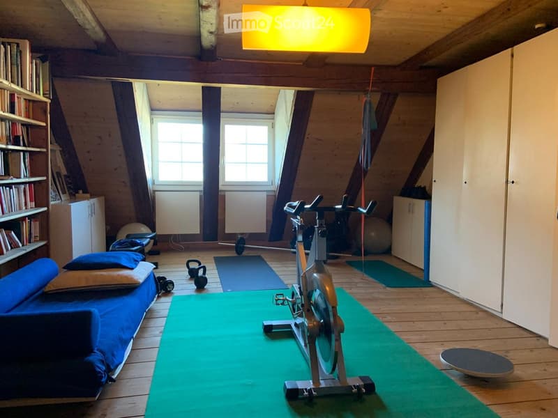 Loft-style room with wooden beams, exposed wooden floor, large windows, a blue sofa, exercise bike, yoga mats, kettlebells, and a bookshelf.