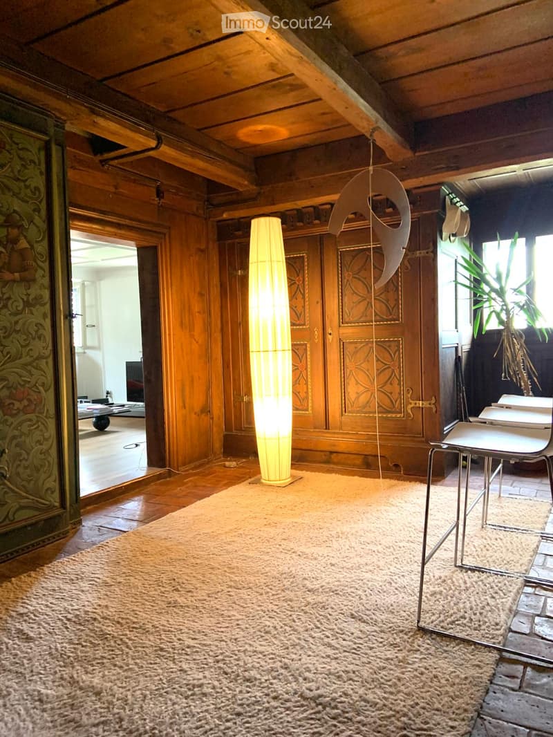 A cozy, well-lit room with wooden walls and ceiling, featuring a large floor lamp, a white shaggy rug, a modern chair, and a small table. A large window allows natural light to enter, and a plant adds a touch of greenery.
