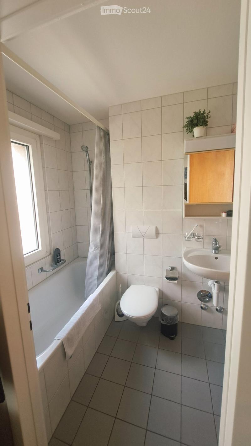 Modern bathroom with white tiles, a bathtub, toilet, sink, and a small window. Includes a towel, a plant on the sink cabinet, and a trash bin.