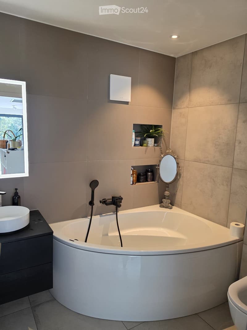 Modern bathroom with a large, corner bathtub, a sleek sink, a stylish mirror, and a toilet. The walls are tiled in neutral tones, and there is a small shelf with toiletries and a decorative plant visible in the background.