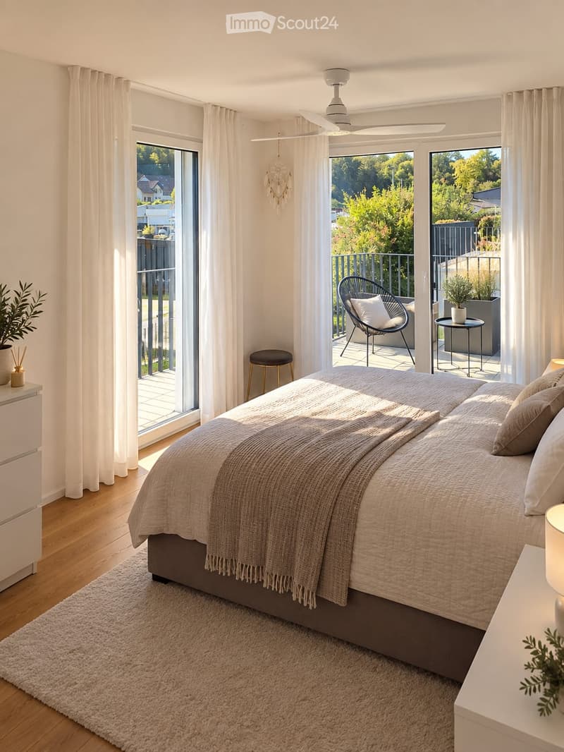 Modern bedroom with a large bed, nightstands, a balcony with outdoor seating, and natural light from large windows.