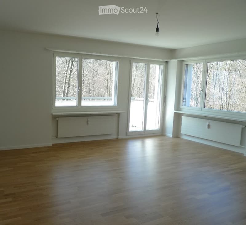 Completely empty room with wooden flooring, large windows, radiators, and a single hanging light fixture.