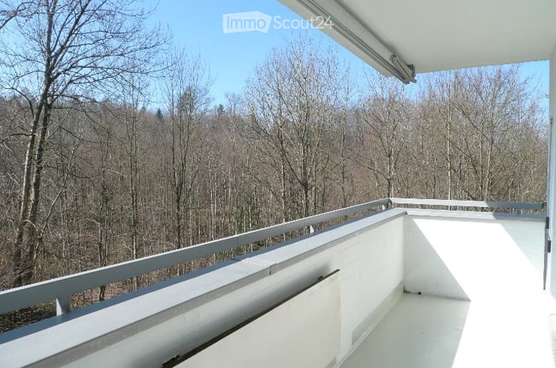 Balcony with white railing and a view of a forested area with bare trees.