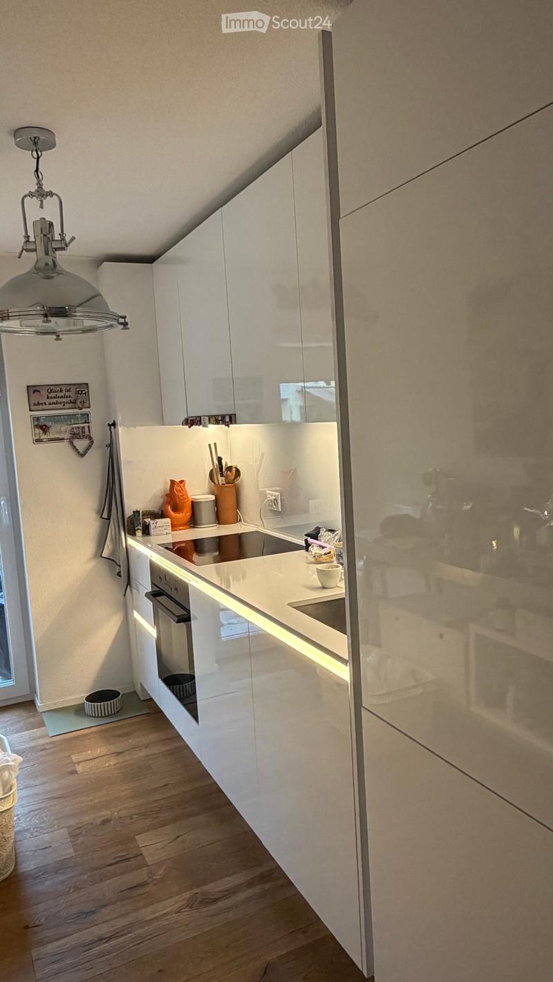 Modern kitchen with white cabinets, a central island, and a hanging light fixture. The island features a sink, a cup, and a bowl, with a small dog bowl on the floor. The cabinets have sleek, contemporary design with integrated lighting.