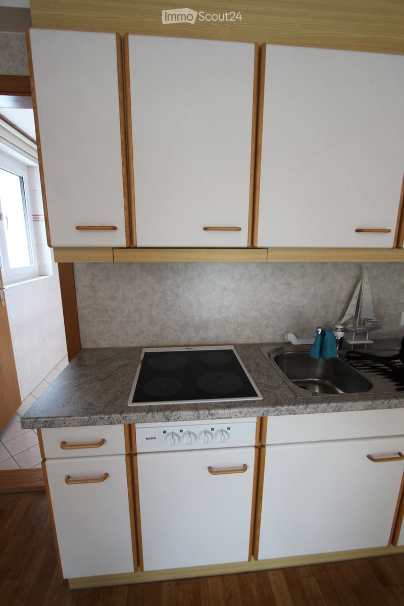 Modern kitchen with white cabinets, granite countertop, induction stove, sink, and Bosch dishwasher. Wooden handles and a small decorative sailboat model are visible.