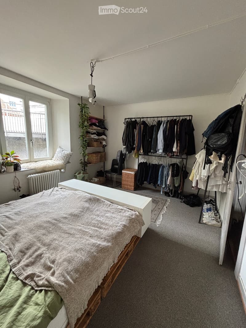 A cozy bedroom with a wooden bed, nightstand, shelf with plants and storage, clothing rack, chair, and a small rug.