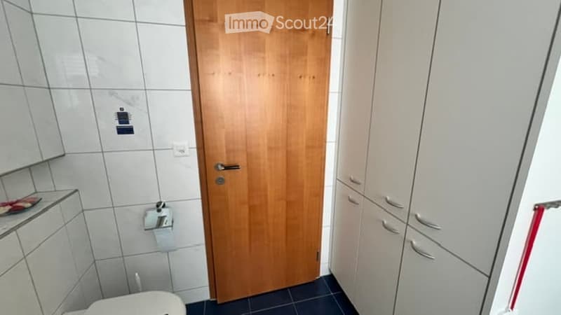 Bathroom with white tiled walls, a wooden door, a toilet, and white cabinets with silver handles.