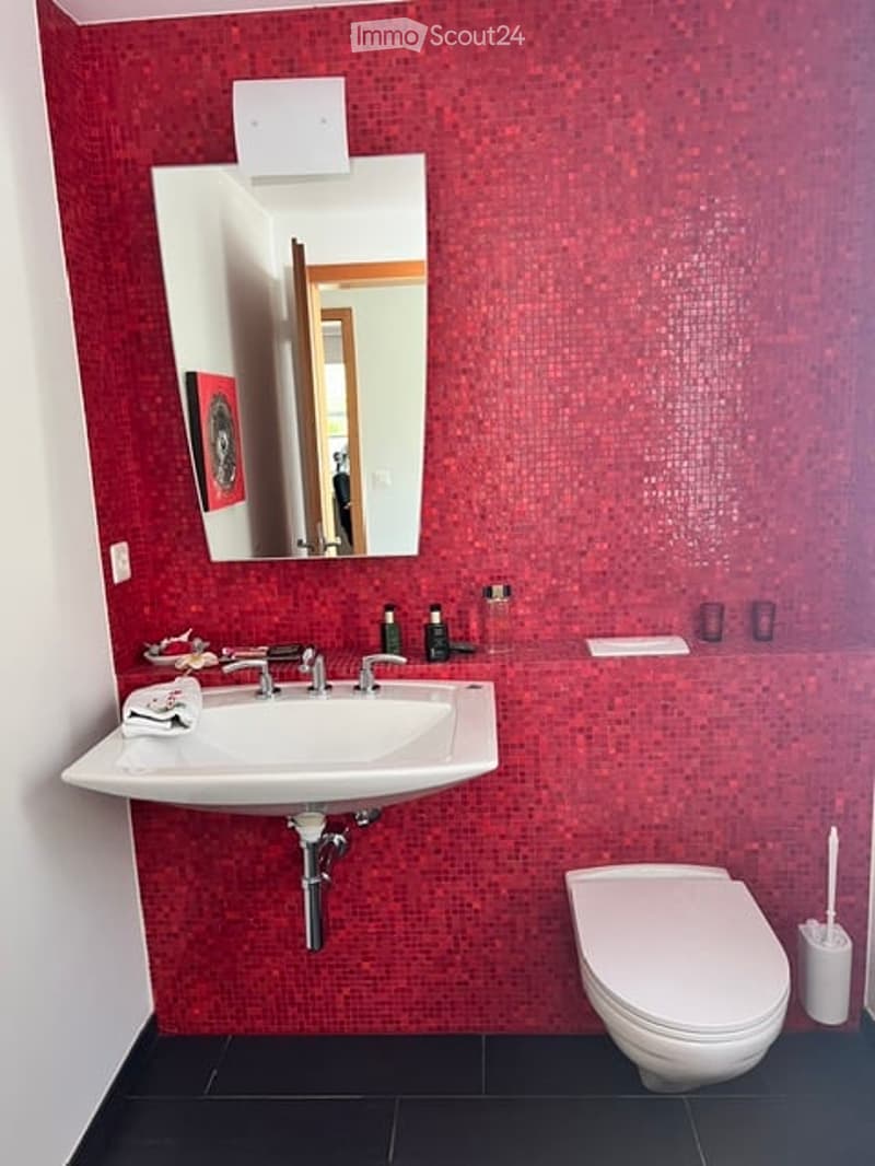 Modern bathroom with red mosaic tiles, white sink, chrome faucet, large mirror, and toilet.