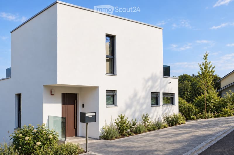 Modern two-story house with white exterior, large windows, and a wooden front door. The house features a clean, minimalist design with a small garden area and a paved pathway leading to the entrance.