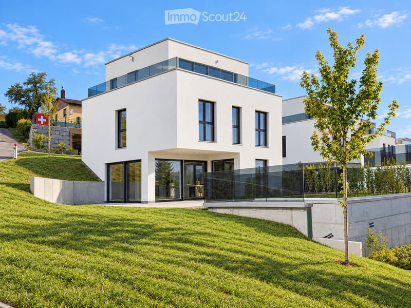 Modern two-story white house with large windows and a raised ground floor, surrounded by a well-maintained lawn and trees.
