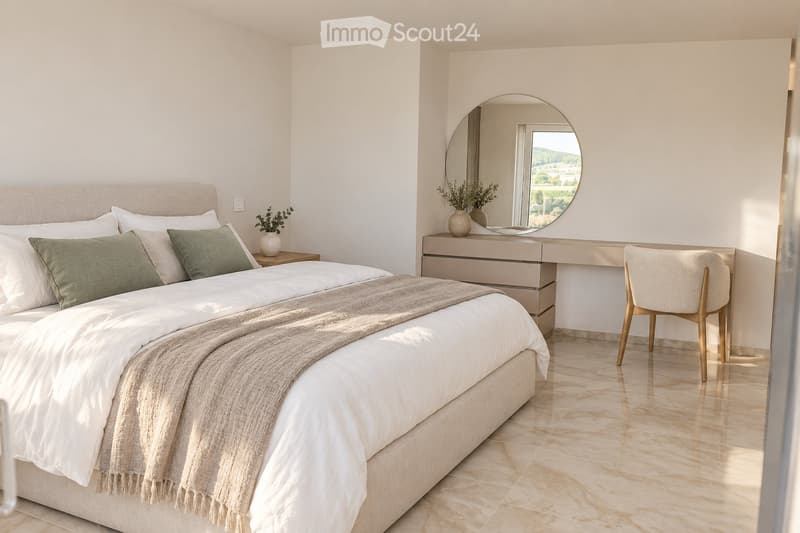 Modern bedroom with a large bed, nightstand, chair, vanity table, and decorative vases.