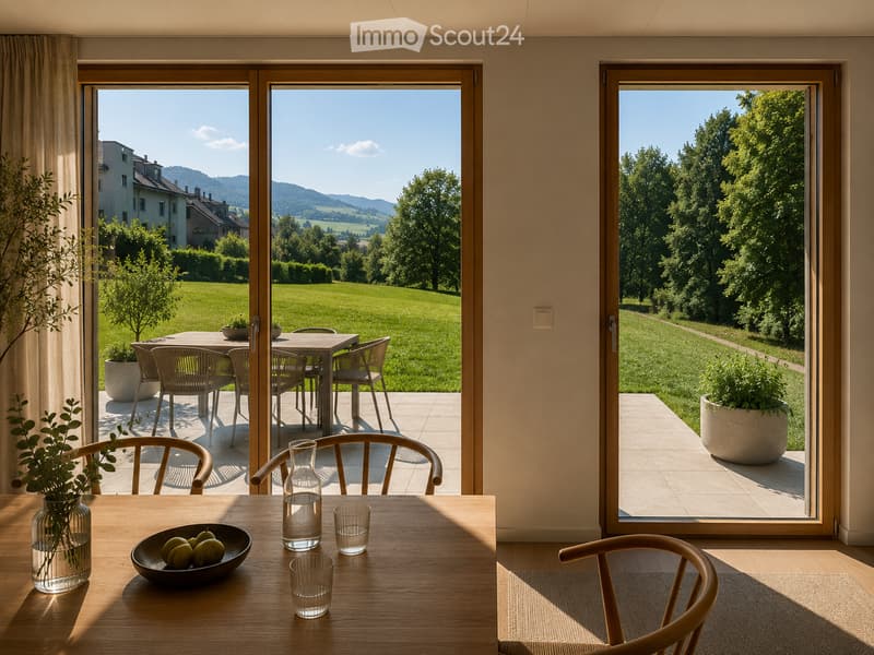 Bright kitchen with large sliding glass doors opening to a patio, wooden dining table with chairs, vase with greenery, bowl of fruit, and glassware.