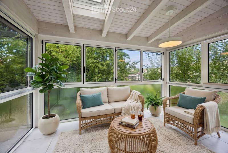 A modern, well-lit balcony with large windows offering a scenic view, furnished with a wicker sofa, matching chair, round coffee table, and potted plants.