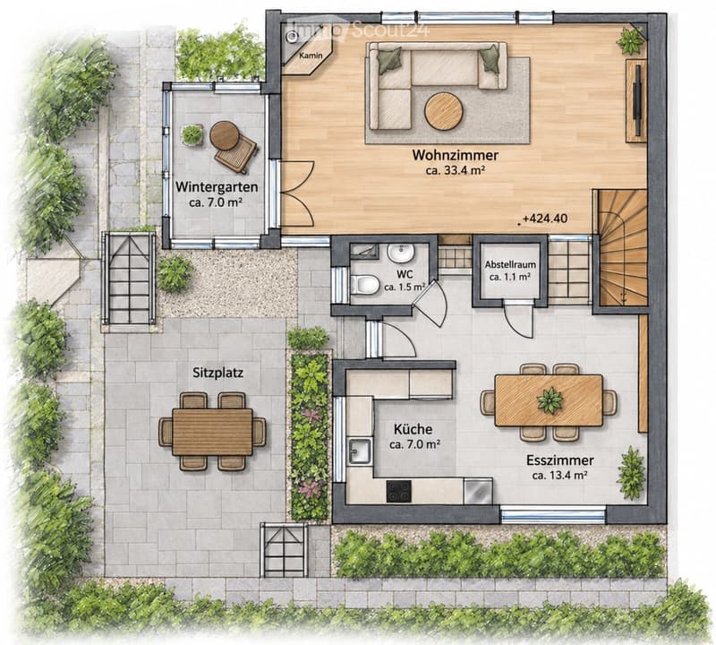 Floor plan of a house with a living room, kitchen, dining room, bathroom, storage room, and outdoor seating area.