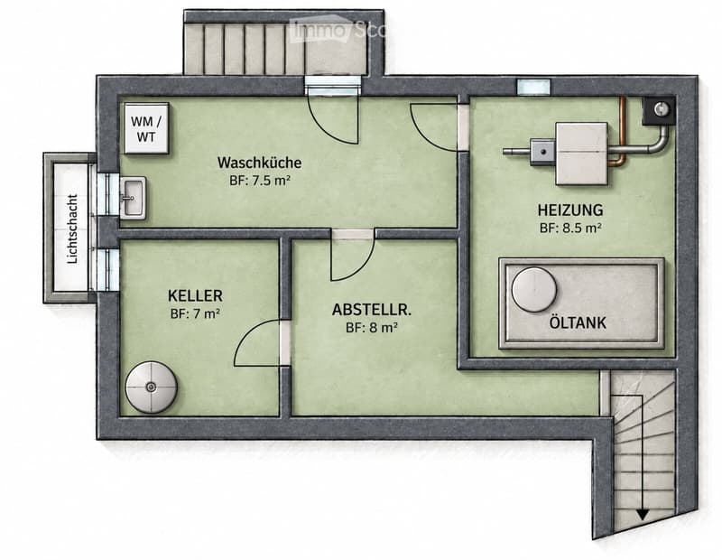 Layout of a basement floor showing a utility room, storage area, heating room, oil tank, and a light shaft.