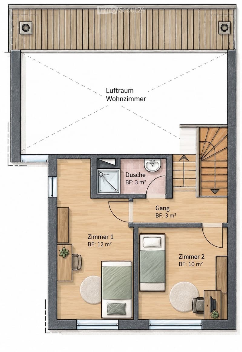 Layout includes living space, two bedrooms, bathroom, hallway, and small shower area. Each room is clearly labeled with dimensions.