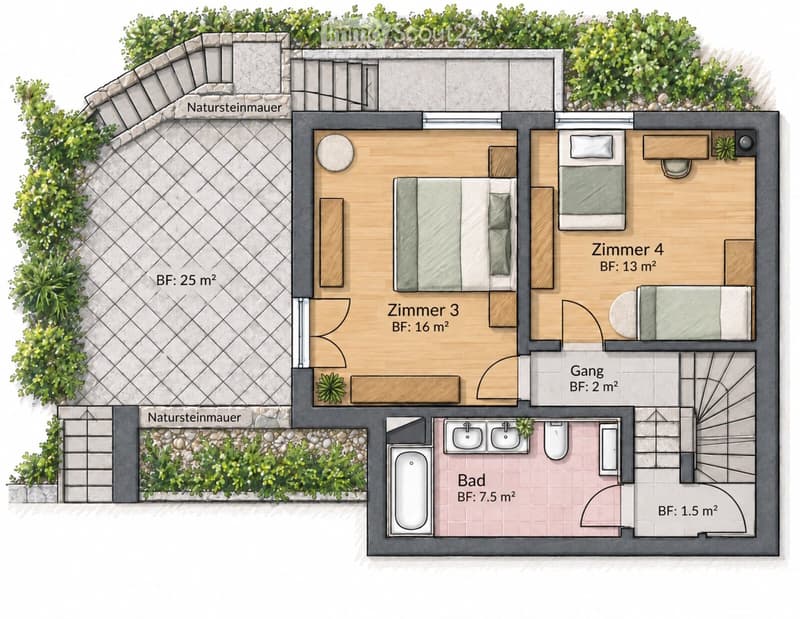 Layout of a compact apartment with four rooms, a bathroom, and a hallway. Includes a small outdoor area with greenery and stone walls.