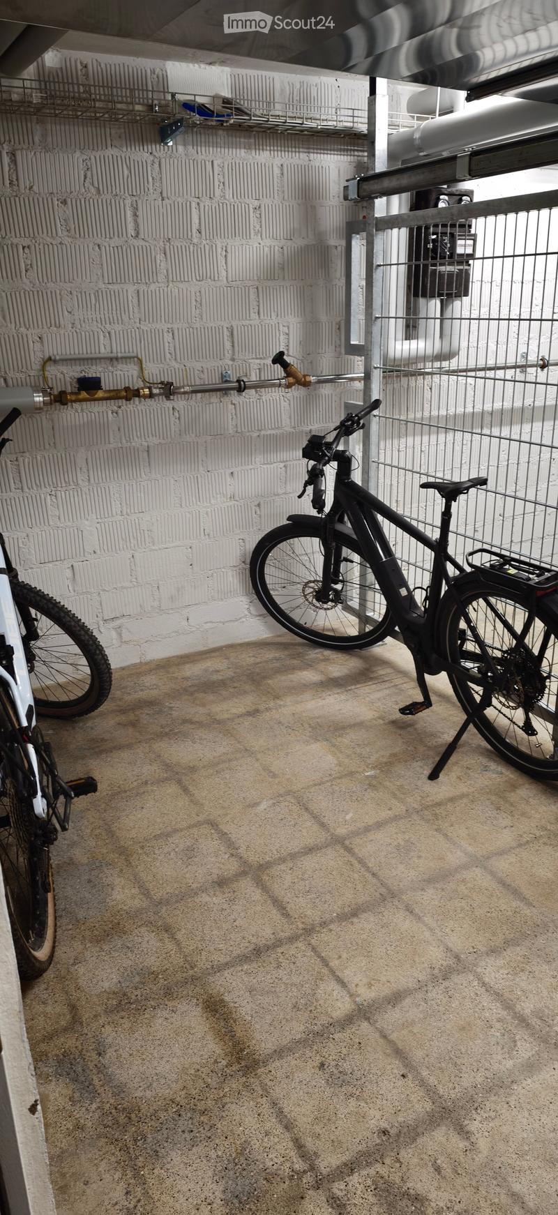 A concrete floor area with a bicycle parked inside a fenced area, with a brick wall and metal shelving in the background.