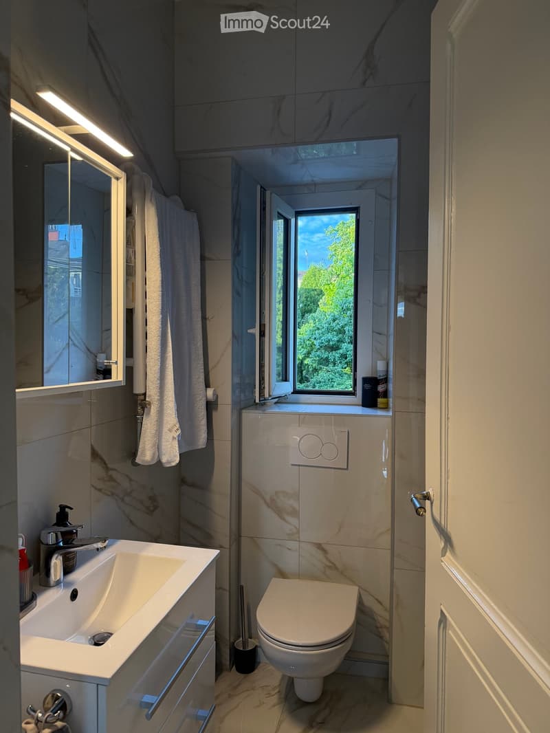 Modern bathroom with marble tiles, a sink with a faucet, a toilet, a mirror, and a towel hanging on a rack. A window with a view of greenery is visible.