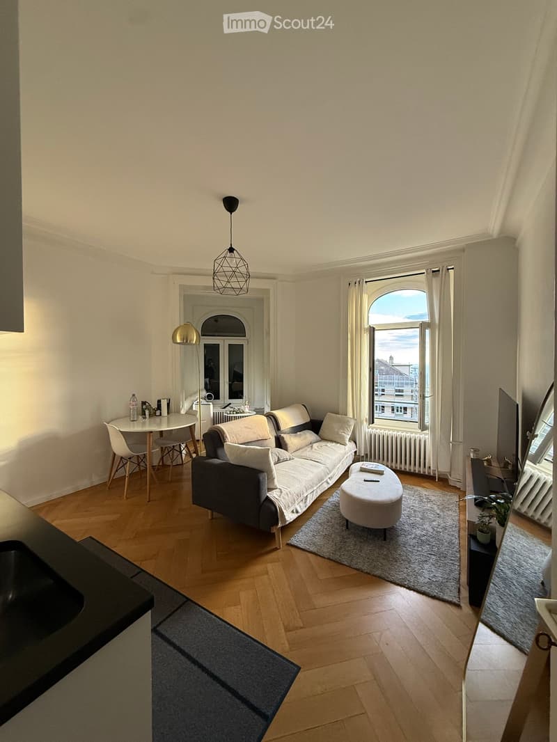 Bright living room with wooden flooring, large window, sofa, ottoman, coffee table, dining table, and chairs.