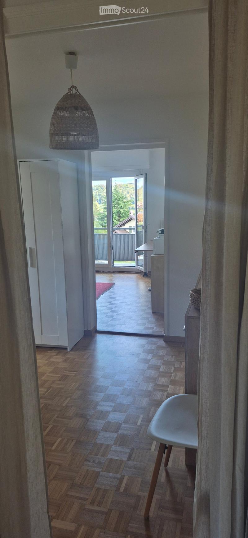 Bright hallway with wooden herringbone flooring, white walls, large sliding glass doors leading to outdoor area, pendant light fixture, and a white chair visible.