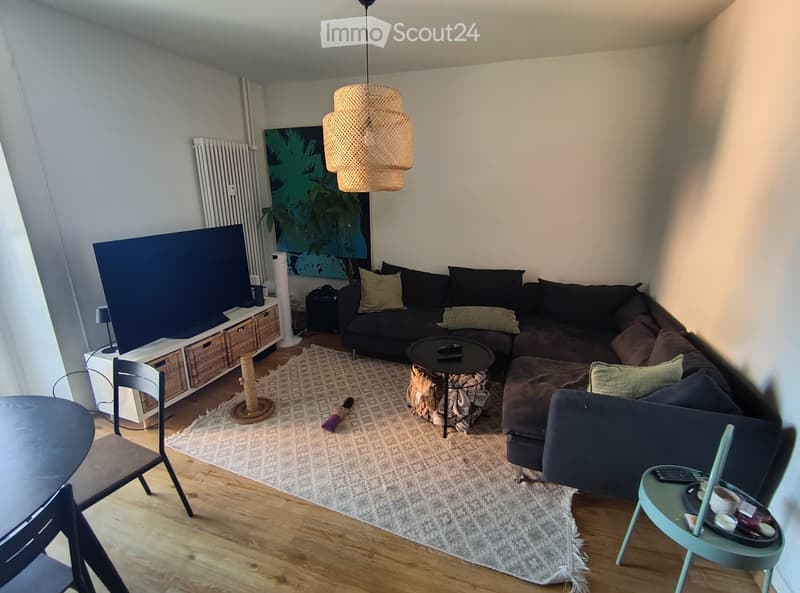 Modern living room with a dark sectional sofa, coffee table, small round side table, cat tree, and a painting on the wall. The room features a light-colored rug, wooden flooring, and a hanging woven lamp.