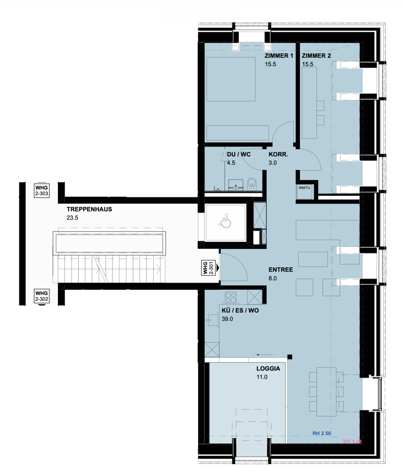 Floor plan showing a multi-level layout with labeled rooms including a kitchen, living area, bedrooms, bathrooms, and a loggia.