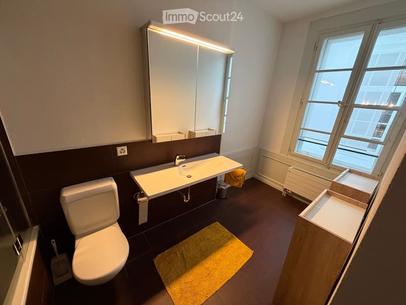 Modern bathroom with dark tiles, white toilet, sink, mirror, and a yellow rug on the floor.