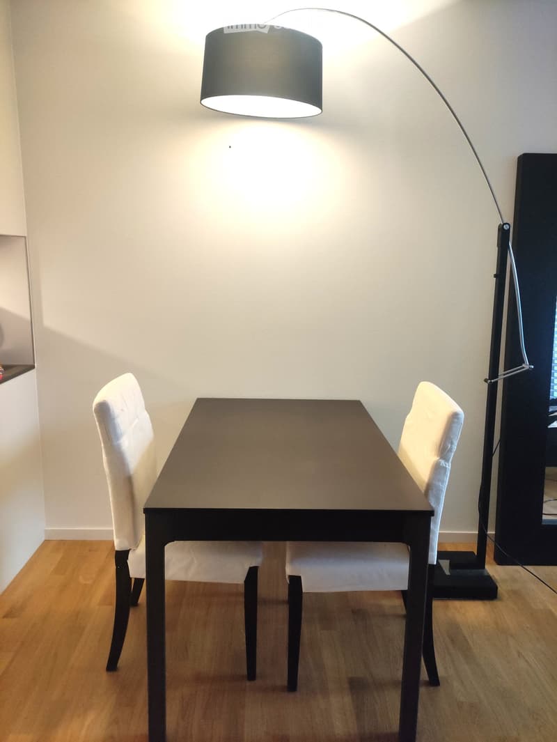 Dining area with a dark wooden table, two white upholstered chairs, and a modern floor lamp with a black shade.