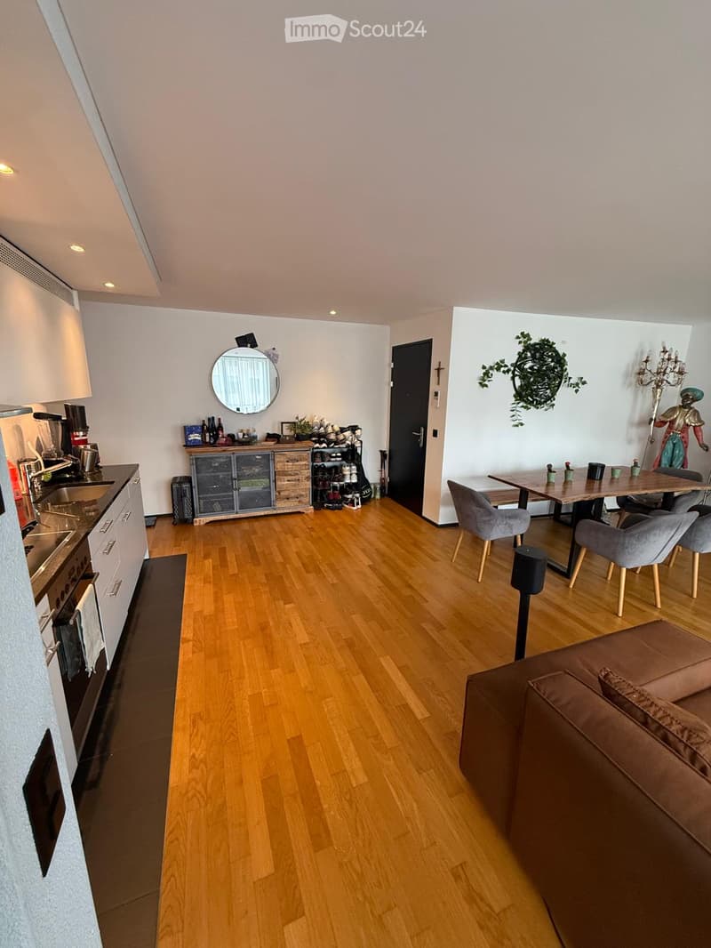 Open-plan living and dining area with wooden flooring, a brown sofa, a dining table with chairs, a kitchen area with cabinets, sink, stove, and a shoe rack near the entrance.