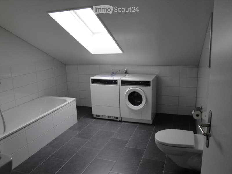 Modern bathroom with a bathtub, toilet, washing machine, and a skylight window providing natural light.