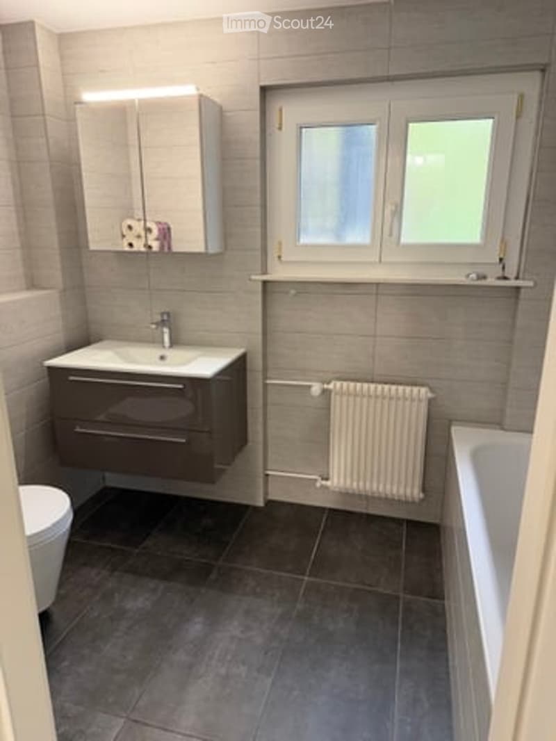 Modern bathroom with a dark grey tiled floor, a white sink with a dark brown cabinet, a mirror cabinet above the sink, a radiator, and a bathtub.