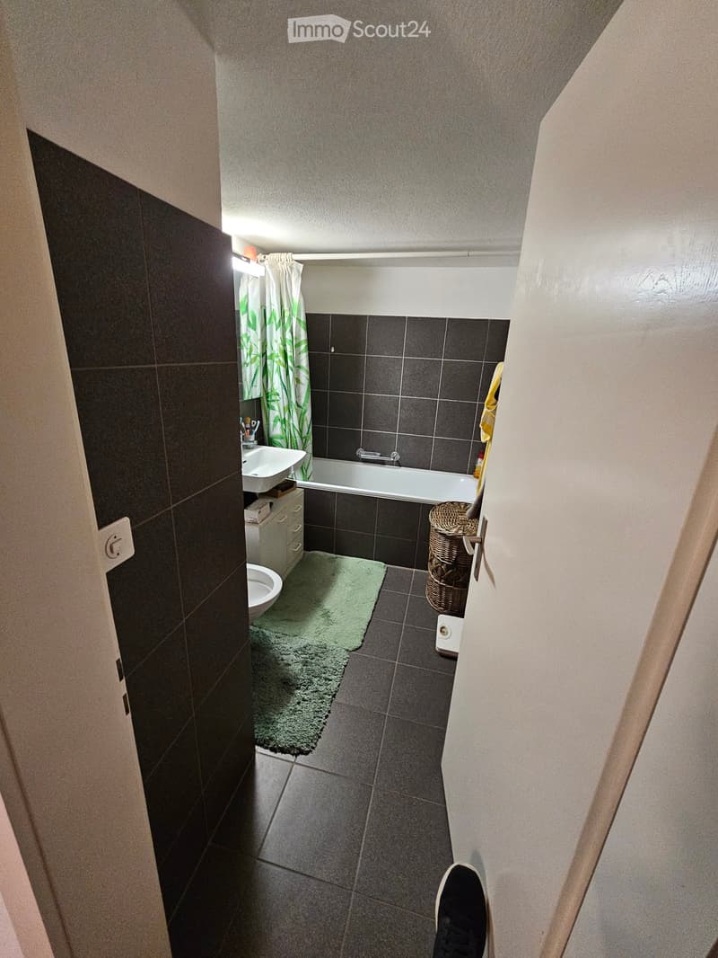 Modern bathroom with dark tiled walls and floor, bathtub, sink, toilet, green shower curtain, and a wicker basket on the side.