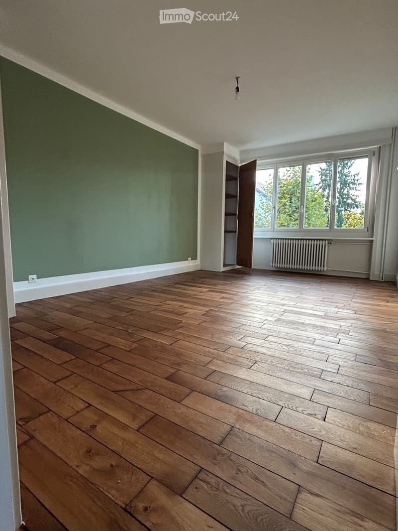 Empty room with wooden flooring, green accent wall, large windows, and a radiator. No furniture or equipment present.