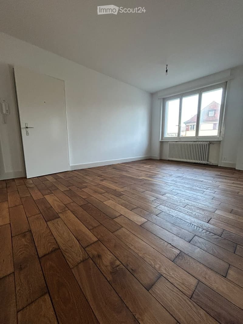 Empty room with wooden flooring, white walls, a window with white frame, and a radiator below it. A white door is visible on the left side.