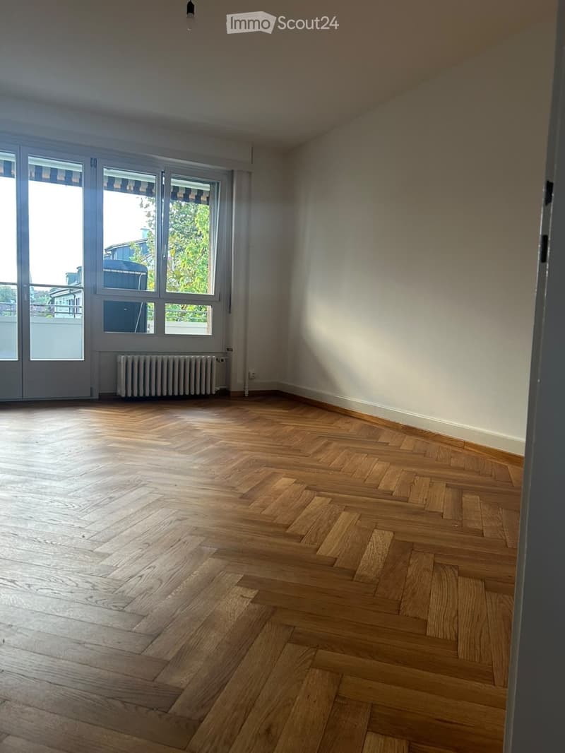 Empty room with wooden herringbone flooring, large windows with blinds, radiator, and visible light fixture on the ceiling.