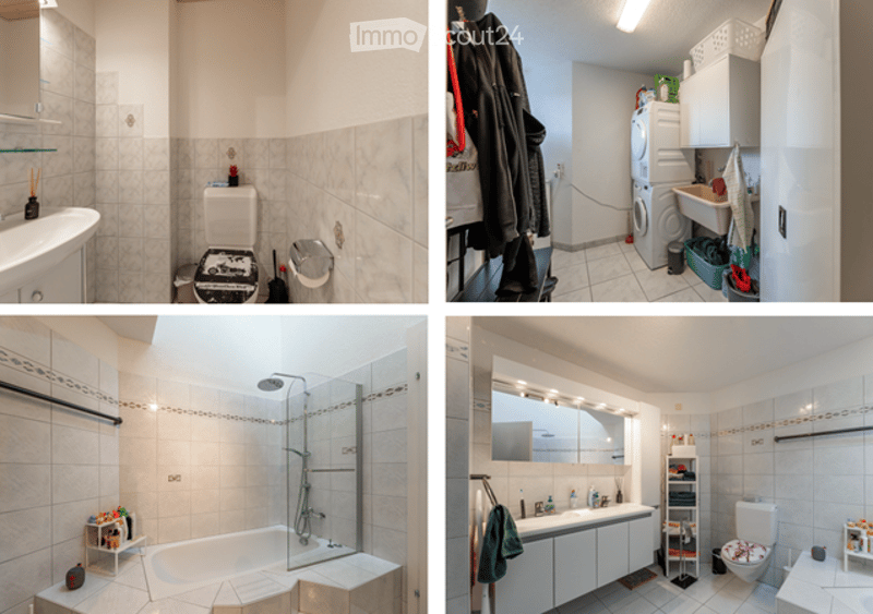 Four images showing various bathrooms with bathtubs, toilets, sinks, mirrors, showers, cabinets, and towels.