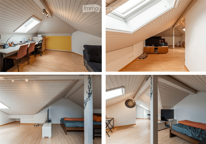 Four images show a multi-functional attic space with wooden floors and slanted ceilings. The room includes a workspace with a desk and chairs, a living area with a sofa and TV, a bedroom area with a bed and nightstand, and additional seating with a small