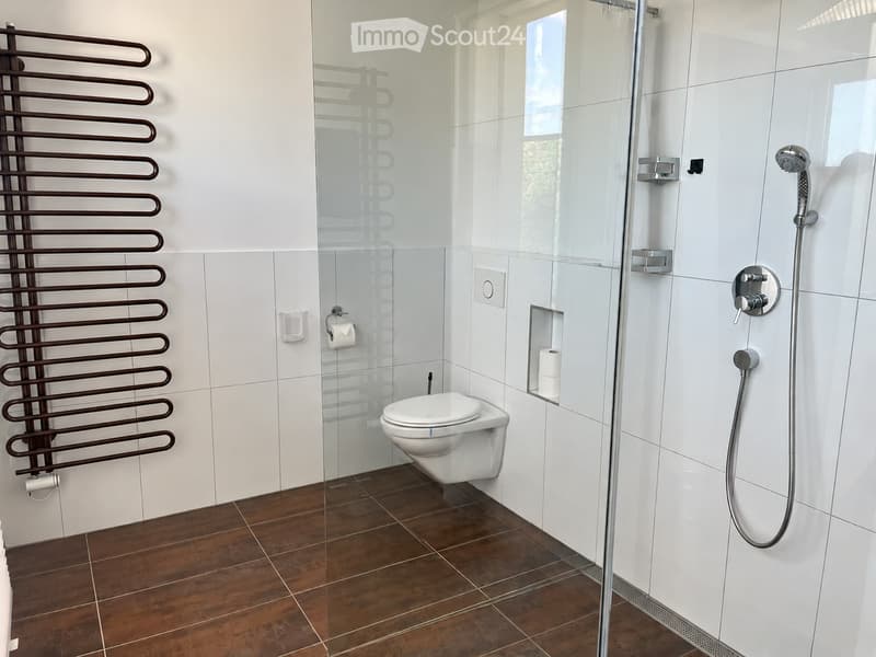 Modern bathroom with white tiles, a glass-enclosed shower, a toilet, and a towel rack. The floor is made of dark brown tiles.