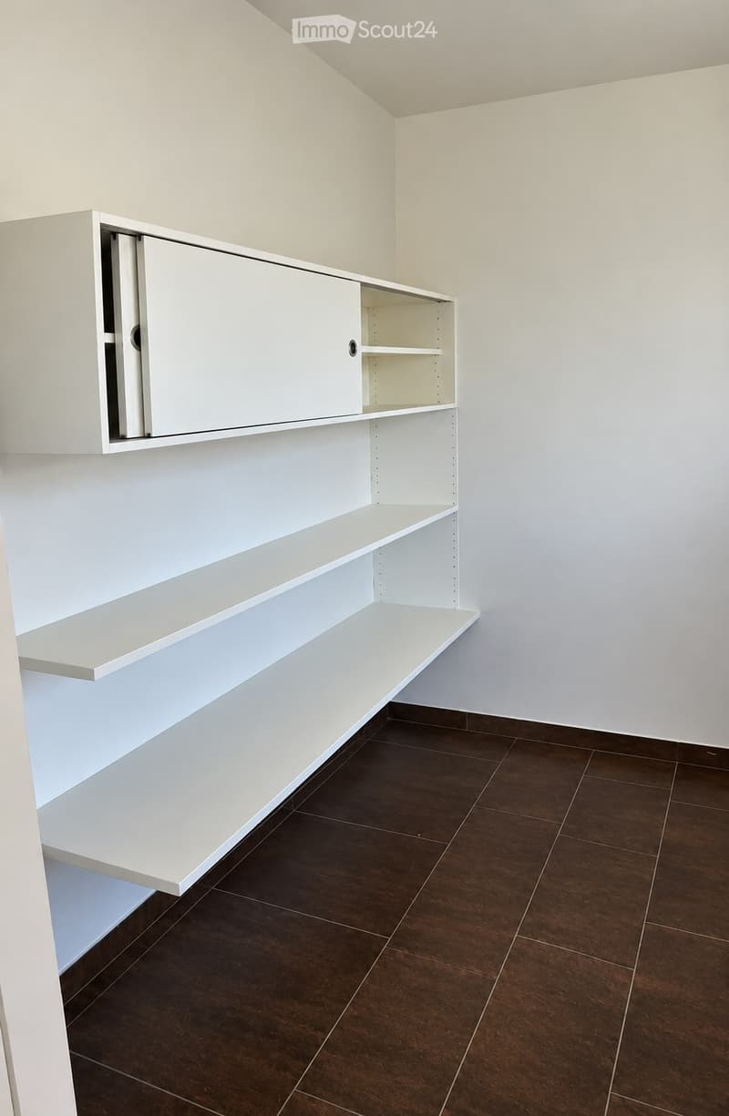 Empty room with white walls, dark brown tiled floor, and white built-in shelving unit with open and closed compartments.