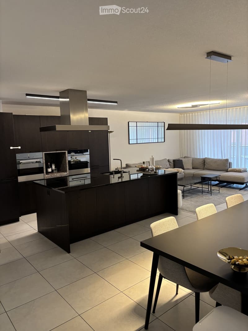 Modern open-plan kitchen and living area with dark wood cabinets, stainless steel appliances, a central island, a sofa, a dining table, and a bowl on the table.