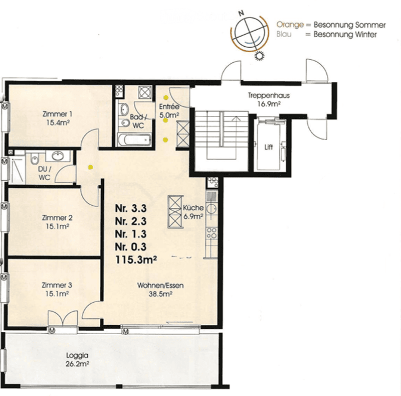 Floor plan of a house with multiple rooms including a living/dining area, three bedrooms, a kitchen, a bathroom, a staircase, and a loggia.