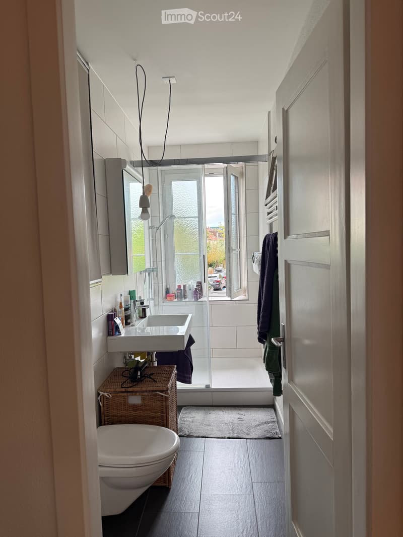 Modern bathroom with white tiles, a toilet, sink, mirror, shower, and towels hanging on the wall. A wicker basket is placed near the toilet.