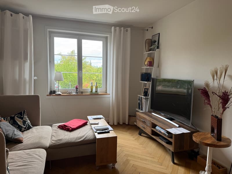 Modern living room with a sectional sofa, coffee table, flat-screen TV on a wooden stand, side table with a vase, and a window with a view of greenery.
