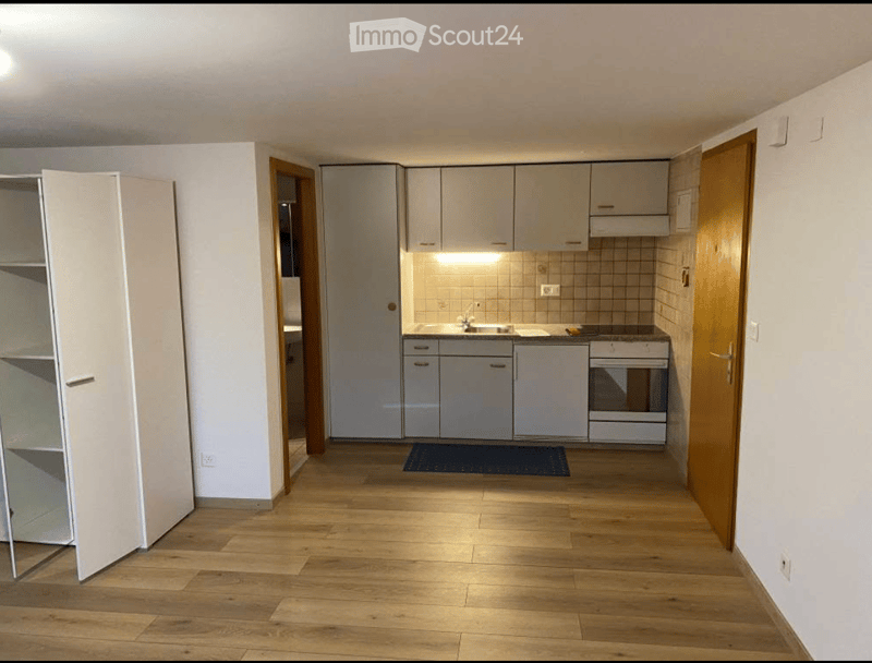 Modern kitchen with white cabinets, a sink, an oven, and a faucet. The floor is wooden, and there is a small rug in front of the sink.
